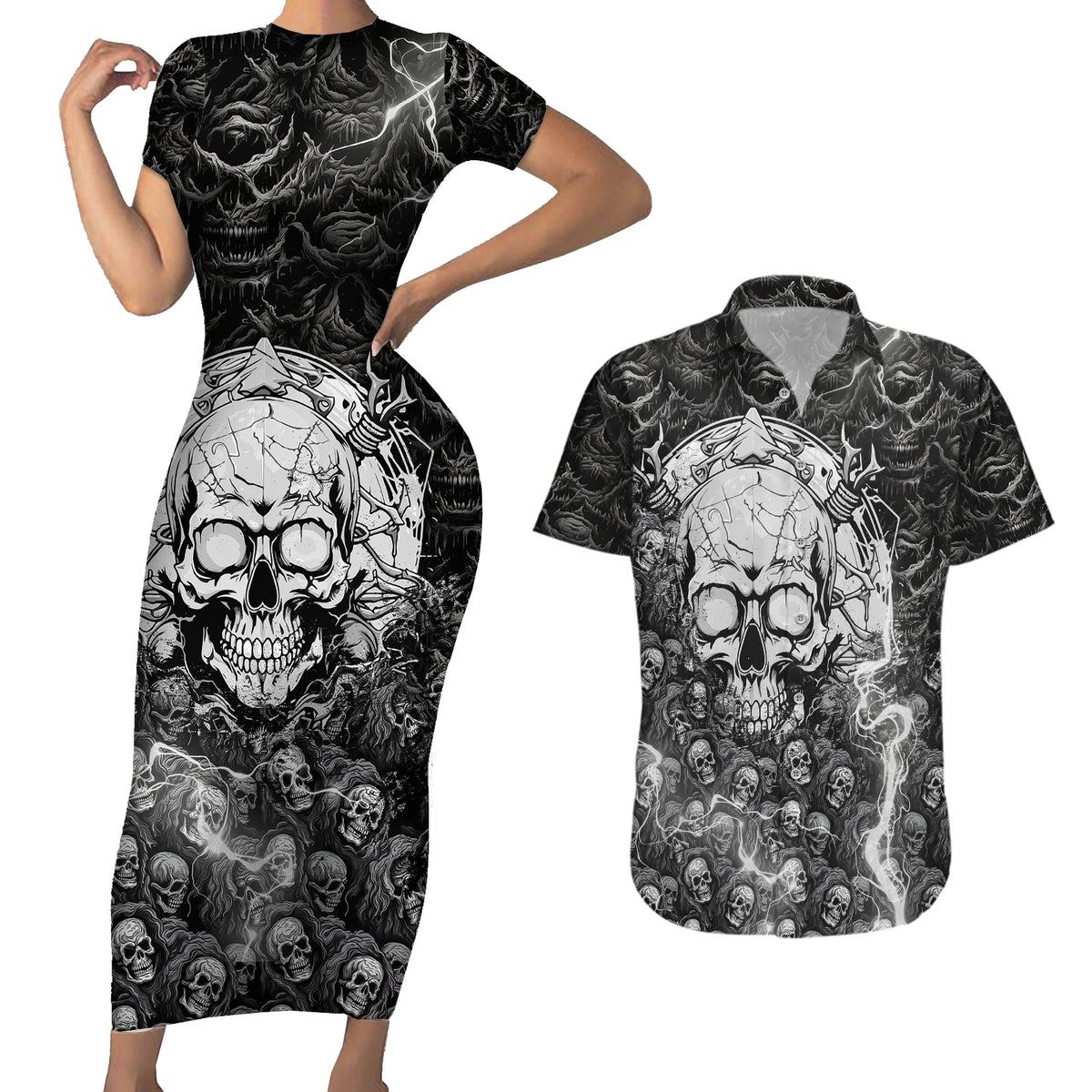 Skull Couples Matching Short Sleeve Bodycon Dress and Hawaiian Shirt Your Demons Hide Under Your Bed Mine Hide Inside My Head - Wonder Print Shop
