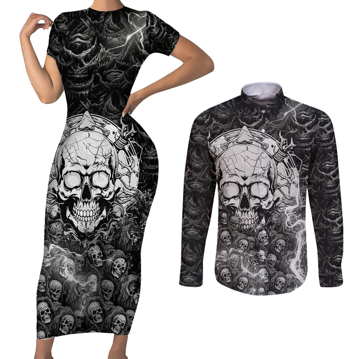 Skull Couples Matching Short Sleeve Bodycon Dress and Long Sleeve Button Shirts Your Demons Hide Under Your Bed Mine Hide Inside My Head - Wonder Print Shop