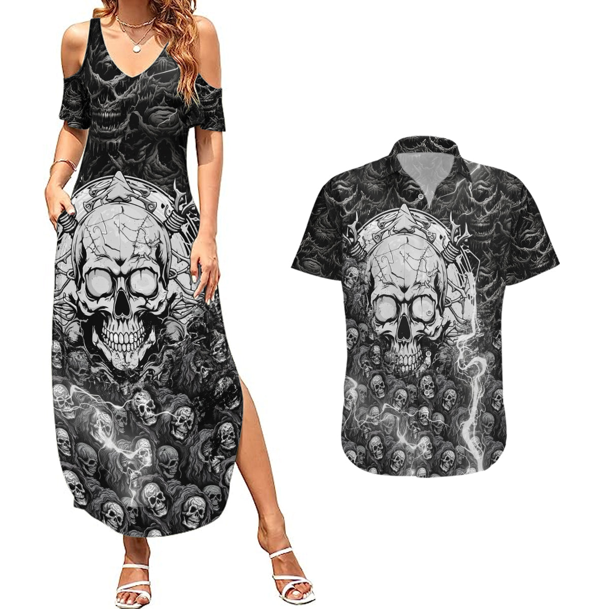 Skull Couples Matching Summer Maxi Dress and Hawaiian Shirt Your Demons Hide Under Your Bed Mine Hide Inside My Head - Wonder Print Shop