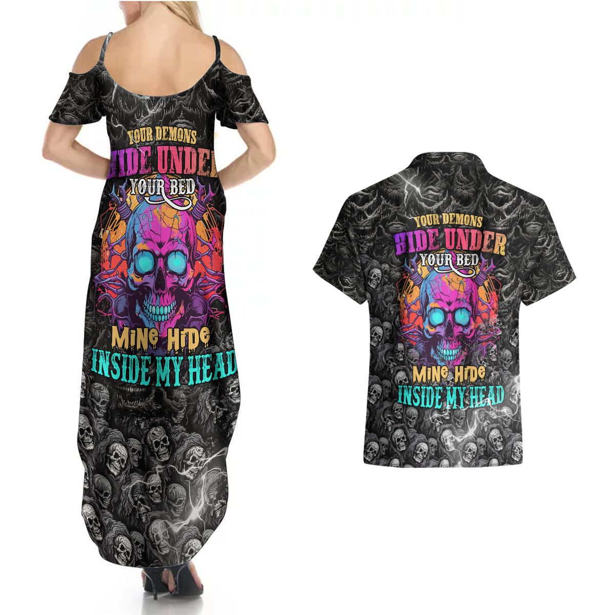 Skull Couples Matching Summer Maxi Dress and Hawaiian Shirt Your Demons Hide Under Your Bed Mine Hide Inside My Head - Wonder Print Shop