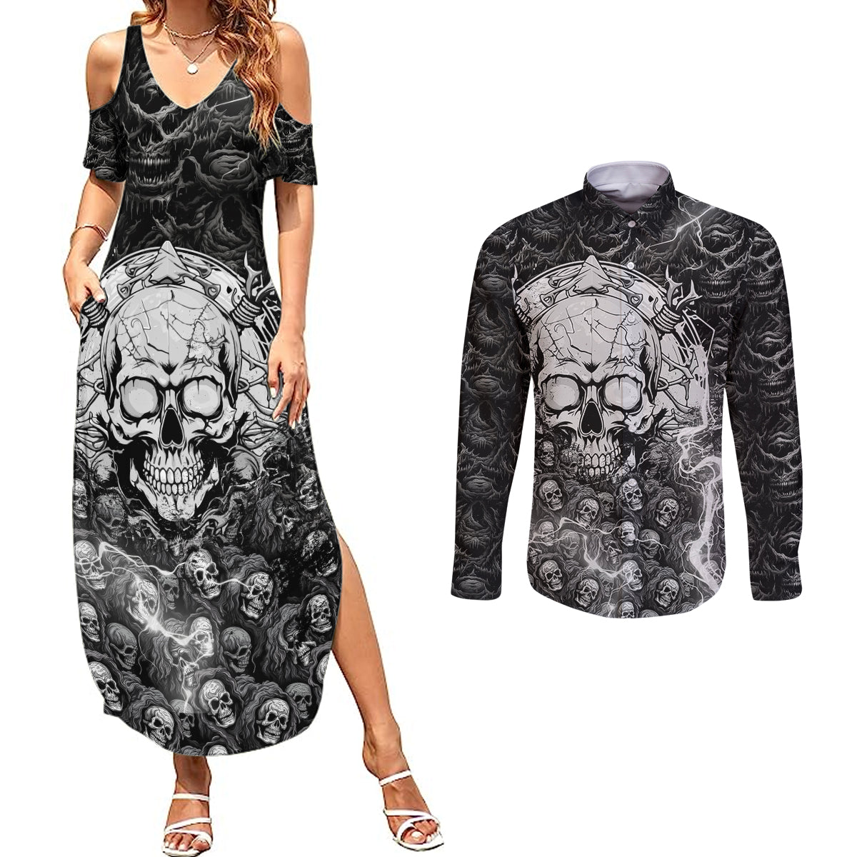 Skull Couples Matching Summer Maxi Dress and Long Sleeve Button Shirts Your Demons Hide Under Your Bed Mine Hide Inside My Head - Wonder Print Shop