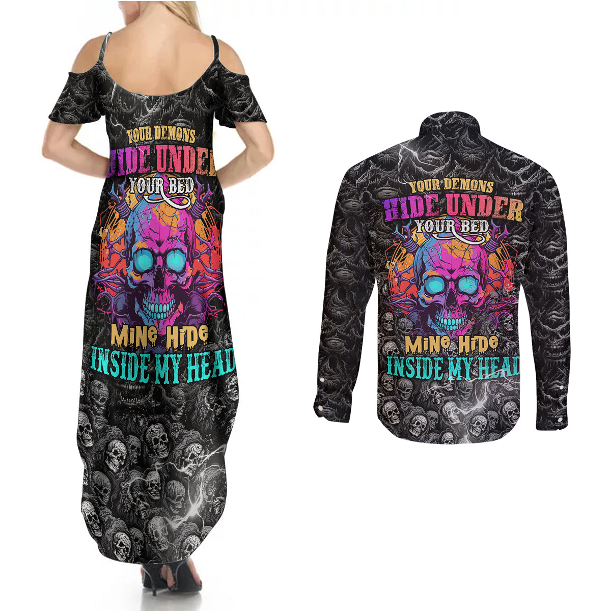 Skull Couples Matching Summer Maxi Dress and Long Sleeve Button Shirts Your Demons Hide Under Your Bed Mine Hide Inside My Head - Wonder Print Shop
