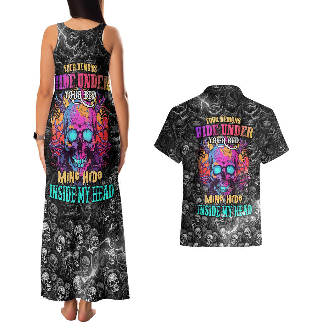 Skull Couples Matching Tank Maxi Dress and Hawaiian Shirt Your Demons Hide Under Your Bed Mine Hide Inside My Head - Wonder Print Shop