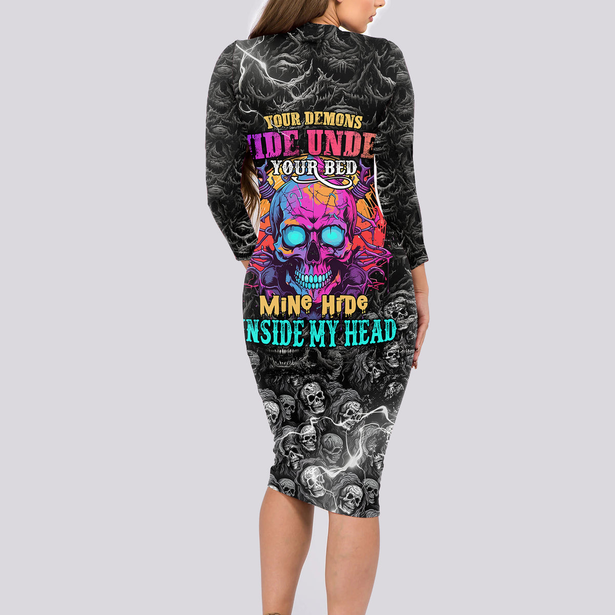 Skull Long Sleeve Bodycon Dress Your Demons Hide Under Your Bed Mine Hide Inside My Head - Wonder Print Shop