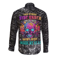 Skull Long Sleeve Button Shirt Your Demons Hide Under Your Bed Mine Hide Inside My Head - Wonder Print Shop