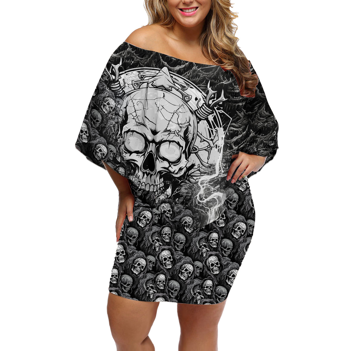 Skull Off Shoulder Short Dress Your Demons Hide Under Your Bed Mine Hide Inside My Head - Wonder Print Shop