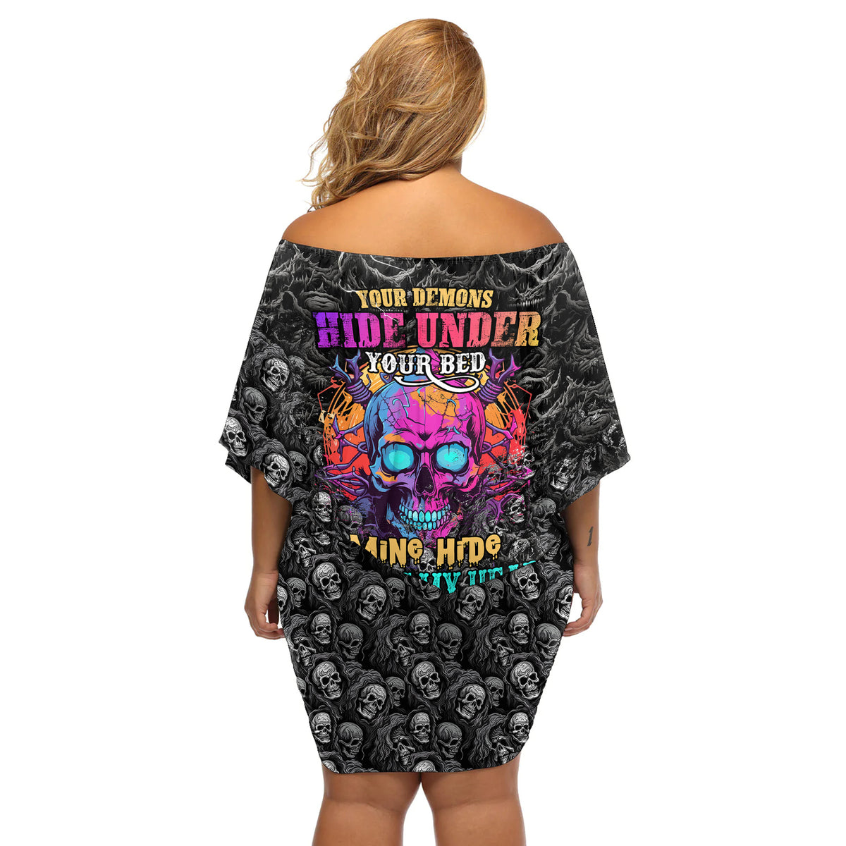 Skull Off Shoulder Short Dress Your Demons Hide Under Your Bed Mine Hide Inside My Head - Wonder Print Shop
