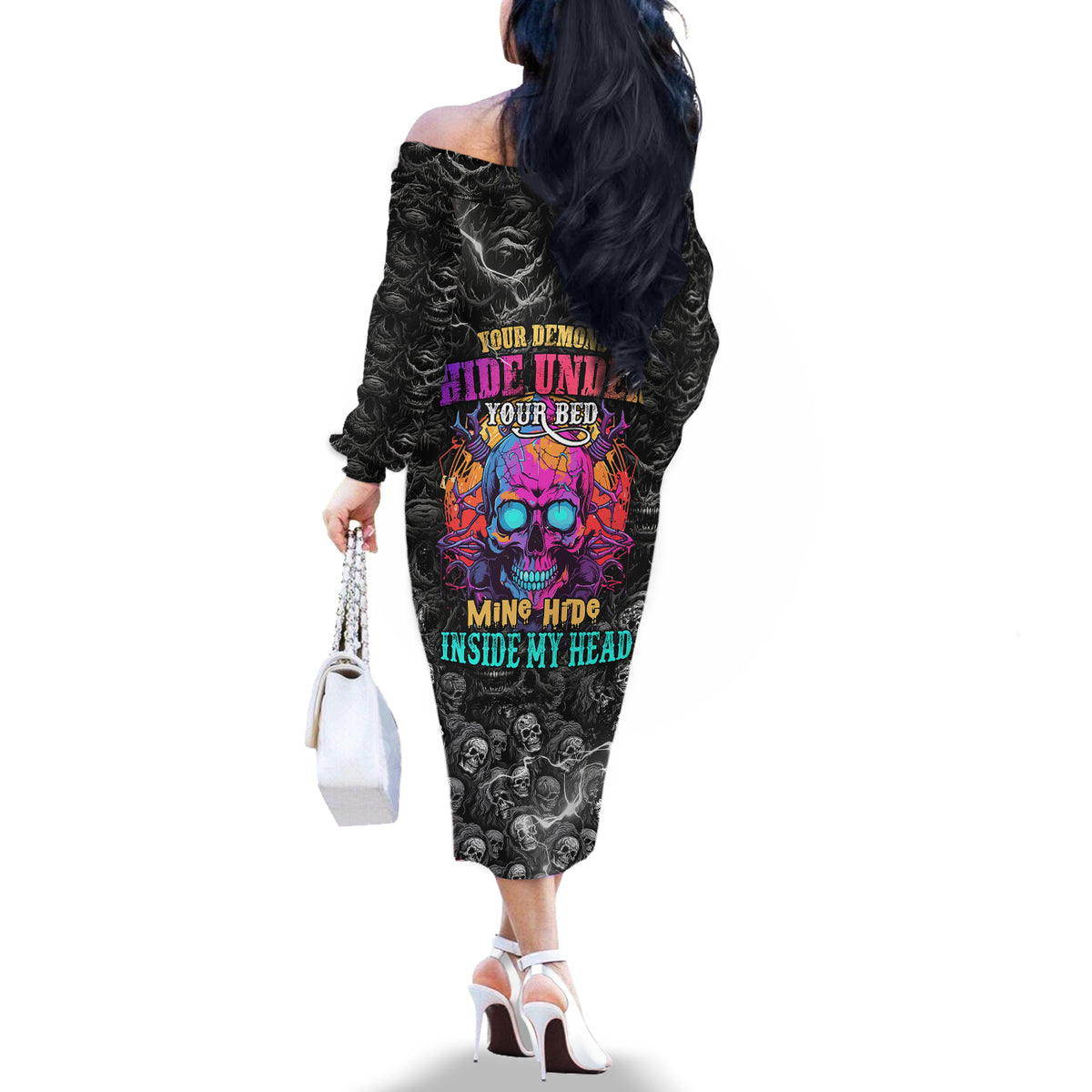 Skull Off The Shoulder Long Sleeve Dress Your Demons Hide Under Your Bed Mine Hide Inside My Head - Wonder Print Shop