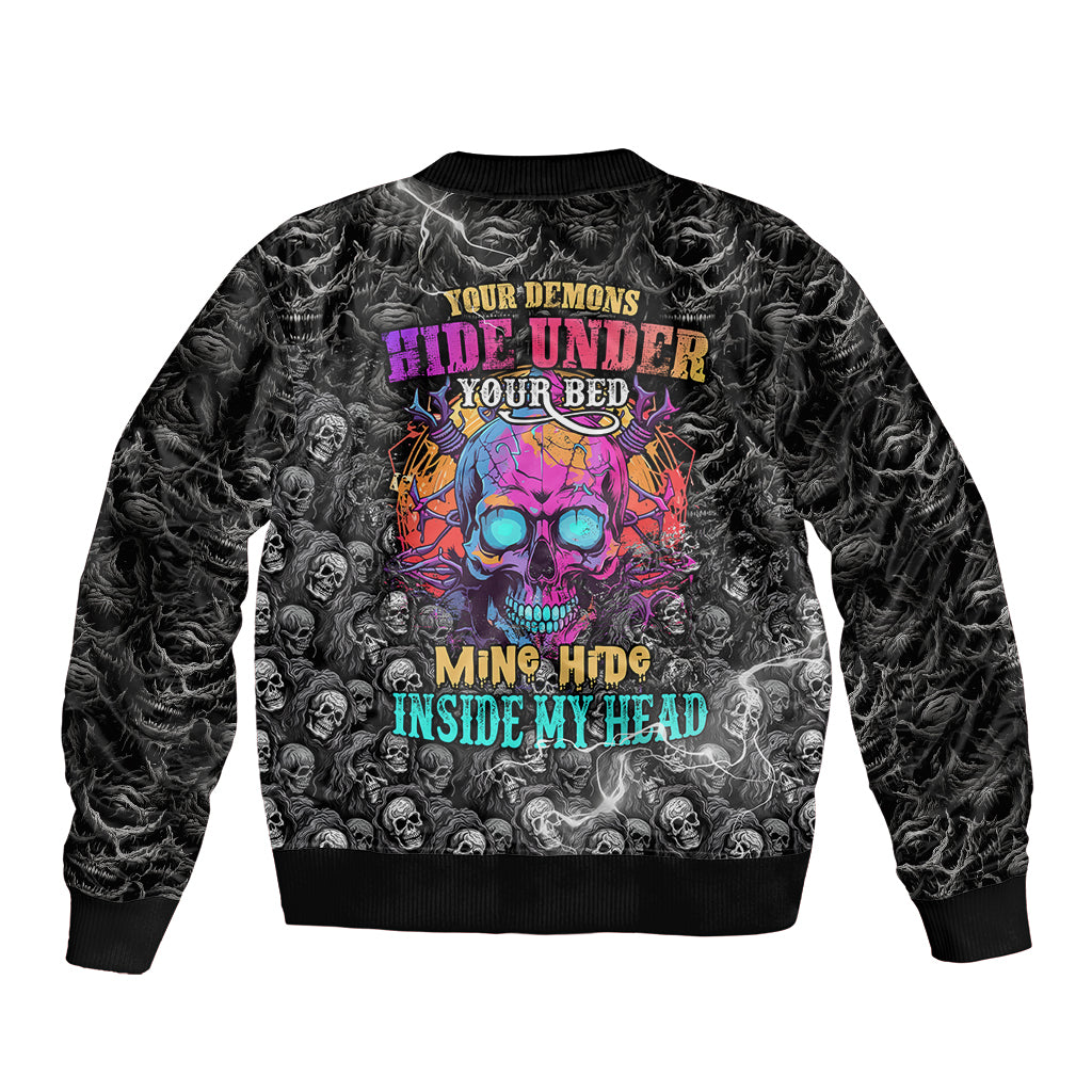Skull Sleeve Zip Bomber Jacket Your Demons Hide Under Your Bed Mine Hide Inside My Head - Wonder Print Shop
