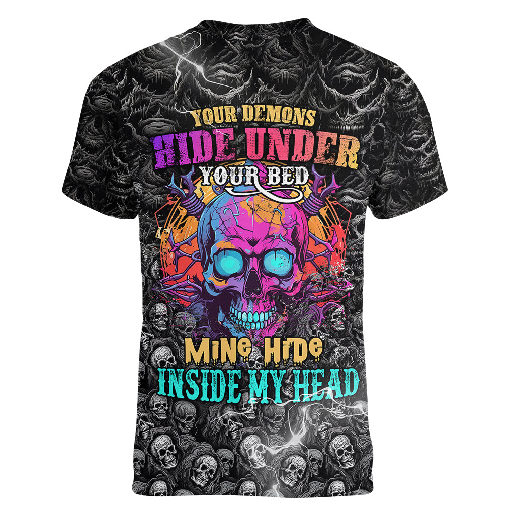 Skull Women V Neck T Shirt Your Demons Hide Under Your Bed Mine Hide Inside My Head - Wonder Print Shop