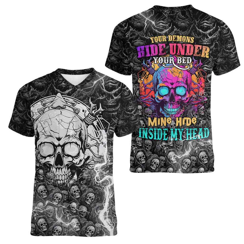 Skull Women V Neck T Shirt Your Demons Hide Under Your Bed Mine Hide Inside My Head - Wonder Print Shop