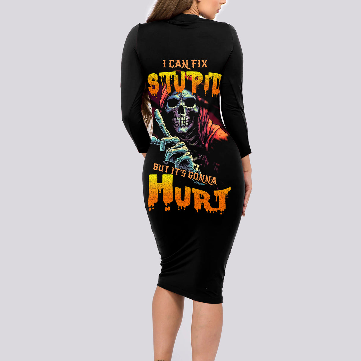 Reaper Skull Long Sleeve Bodycon Dress I Can Fix Stupid But It's Gonna Hurt - Wonder Print Shop