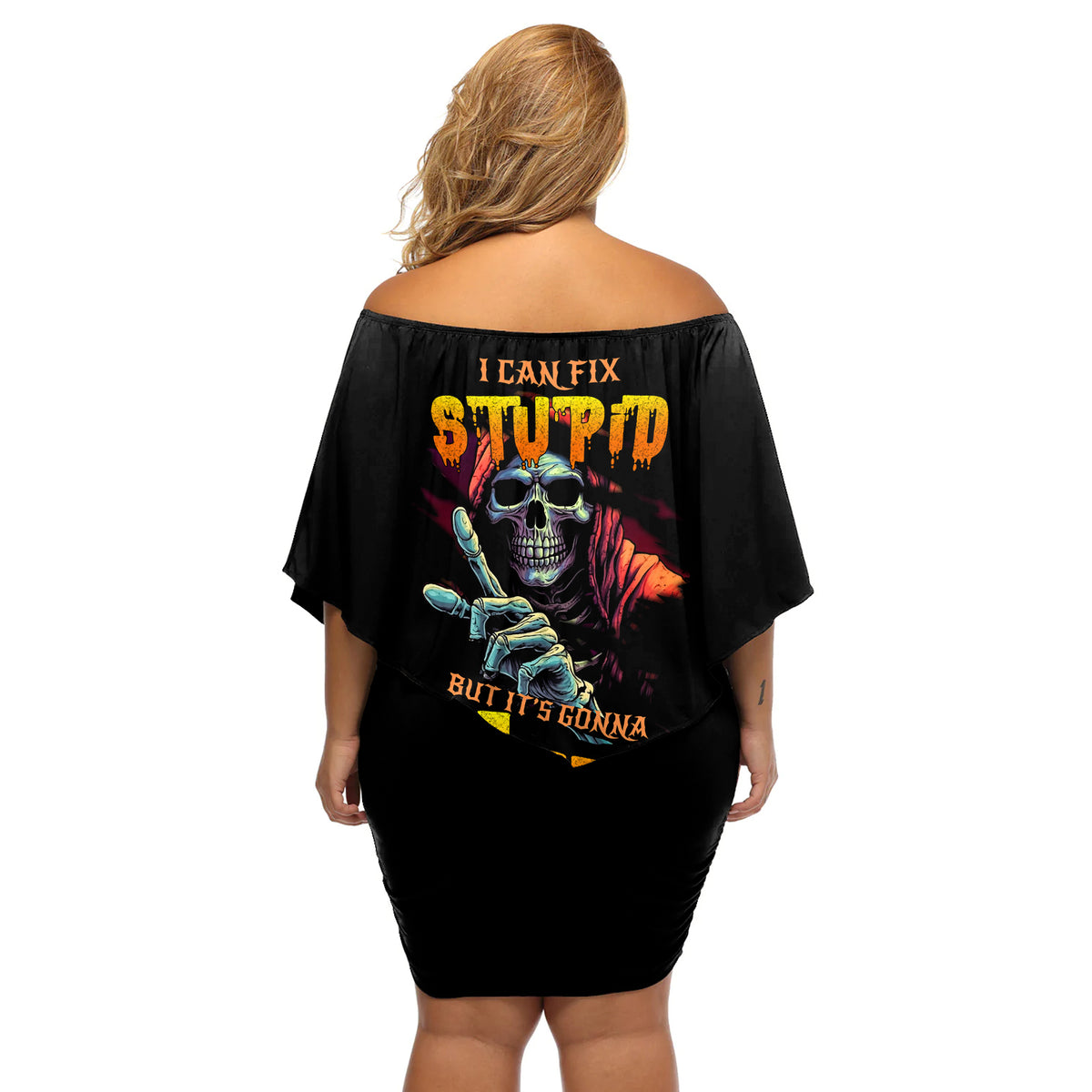 Reaper Skull Off Shoulder Short Dress I Can Fix Stupid But It's Gonna Hurt - Wonder Print Shop