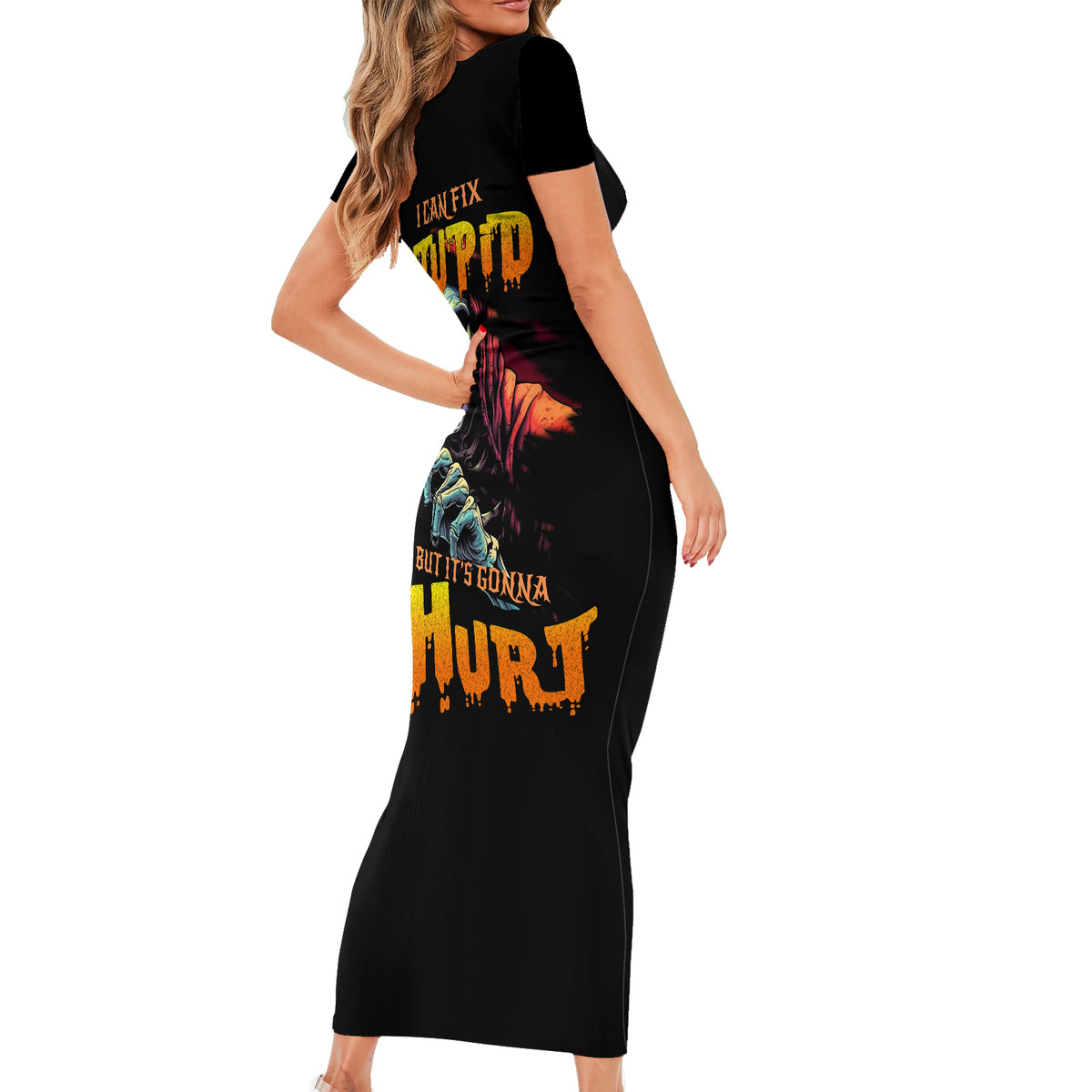 Reaper Skull Short Sleeve Bodycon Dress I Can Fix Stupid But It's Gonna Hurt - Wonder Print Shop