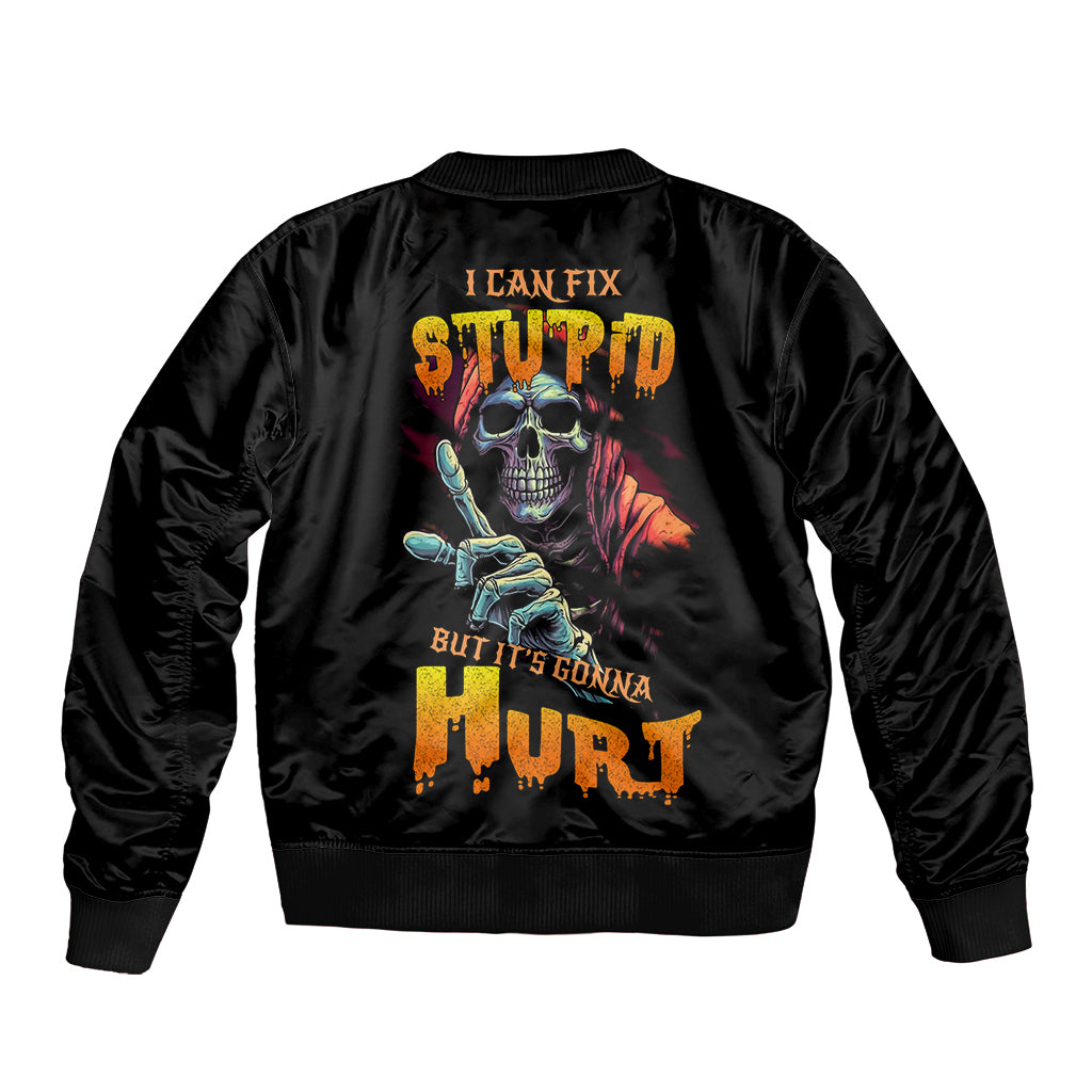 Reaper Skull Sleeve Zip Bomber Jacket I Can Fix Stupid But It's Gonna Hurt - Wonder Print Shop