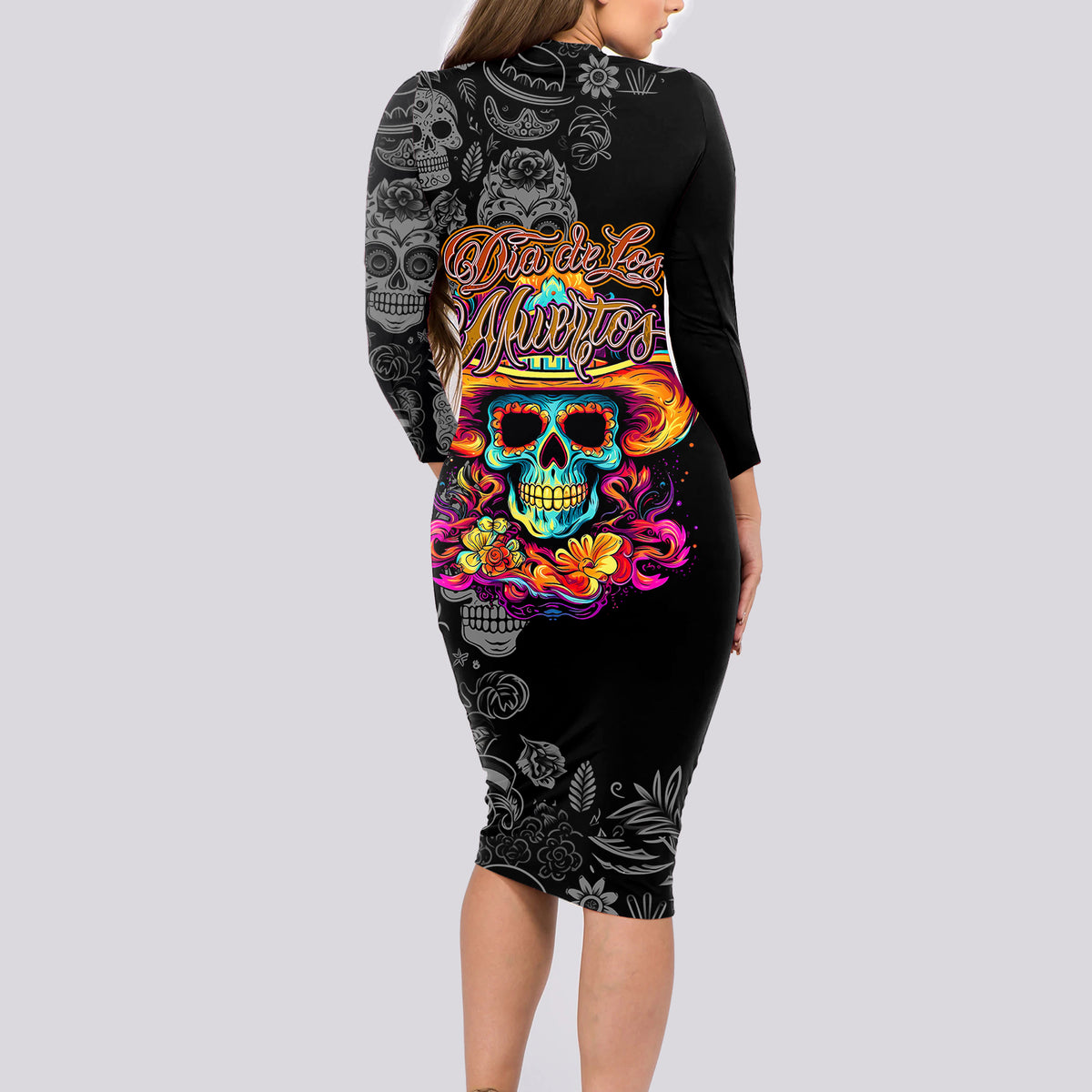 Day Of The Dead Sugar Skull Long Sleeve Bodycon Dress Dia De Los Murtos - Wonder Print Shop