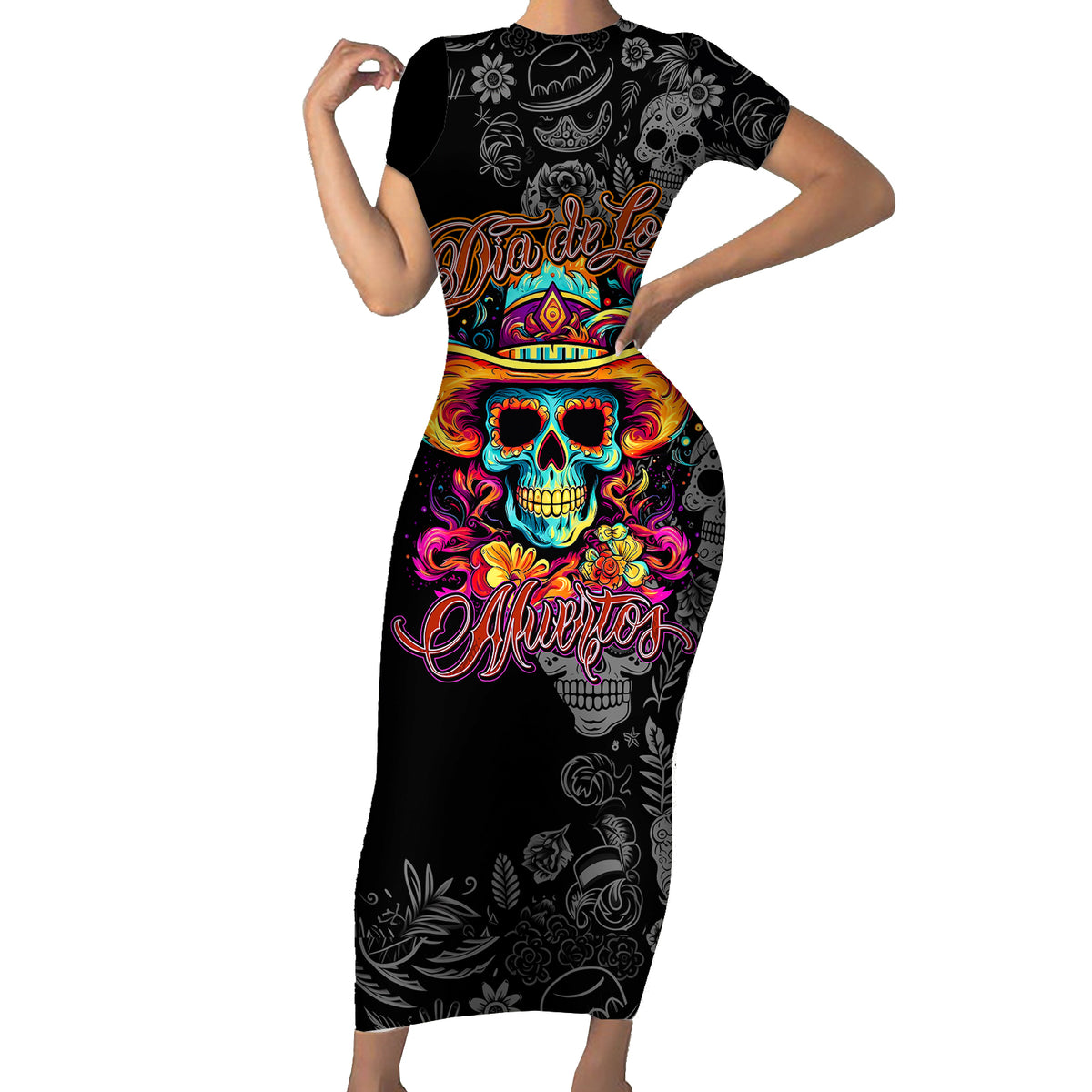 Day Of The Dead Sugar Skull Short Sleeve Bodycon Dress Dia De Los Murtos - Wonder Print Shop