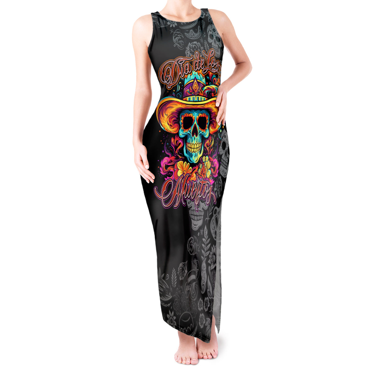 Day Of The Dead Sugar Skull Tank Maxi Dress Dia De Los Murtos - Wonder Print Shop