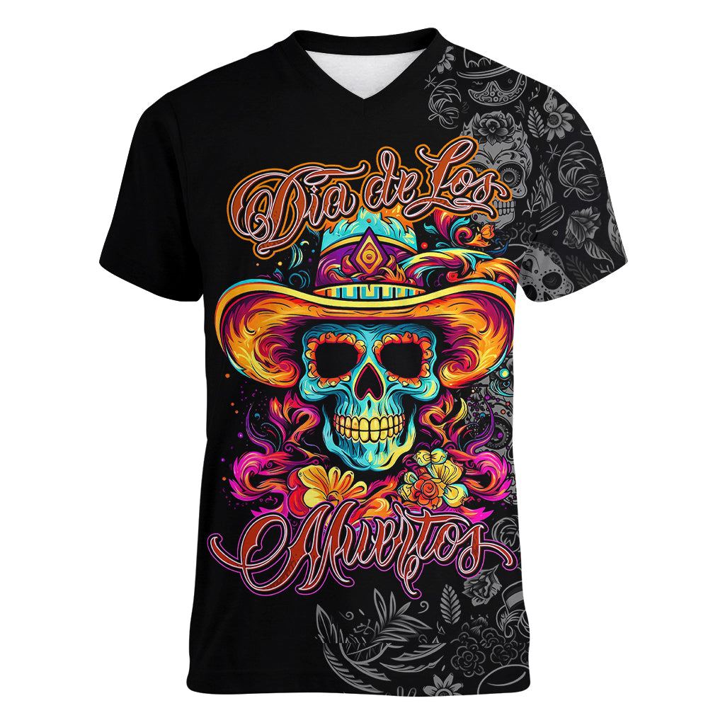 Day Of The Dead Sugar Skull Women V Neck T Shirt Dia De Los Murtos - Wonder Print Shop