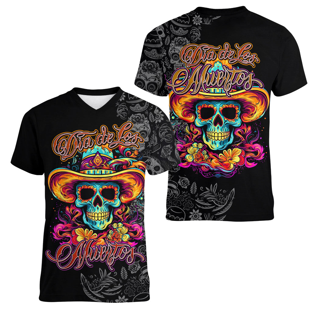 Day Of The Dead Sugar Skull Women V Neck T Shirt Dia De Los Murtos - Wonder Print Shop