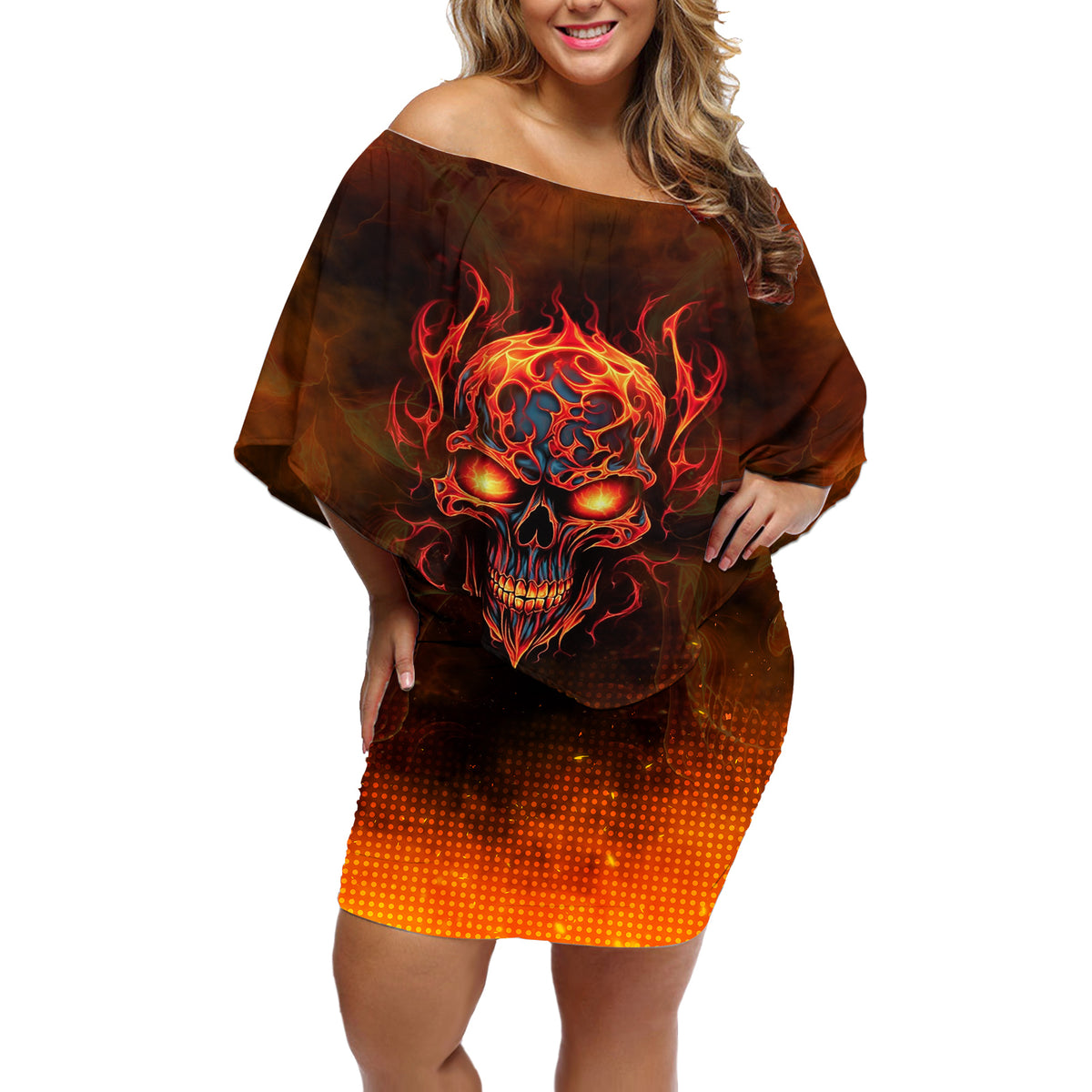 Fire Skull Off Shoulder Short Dress Of Course I'm Going To Hell I'm Just Here To Pick You Up - Wonder Print Shop