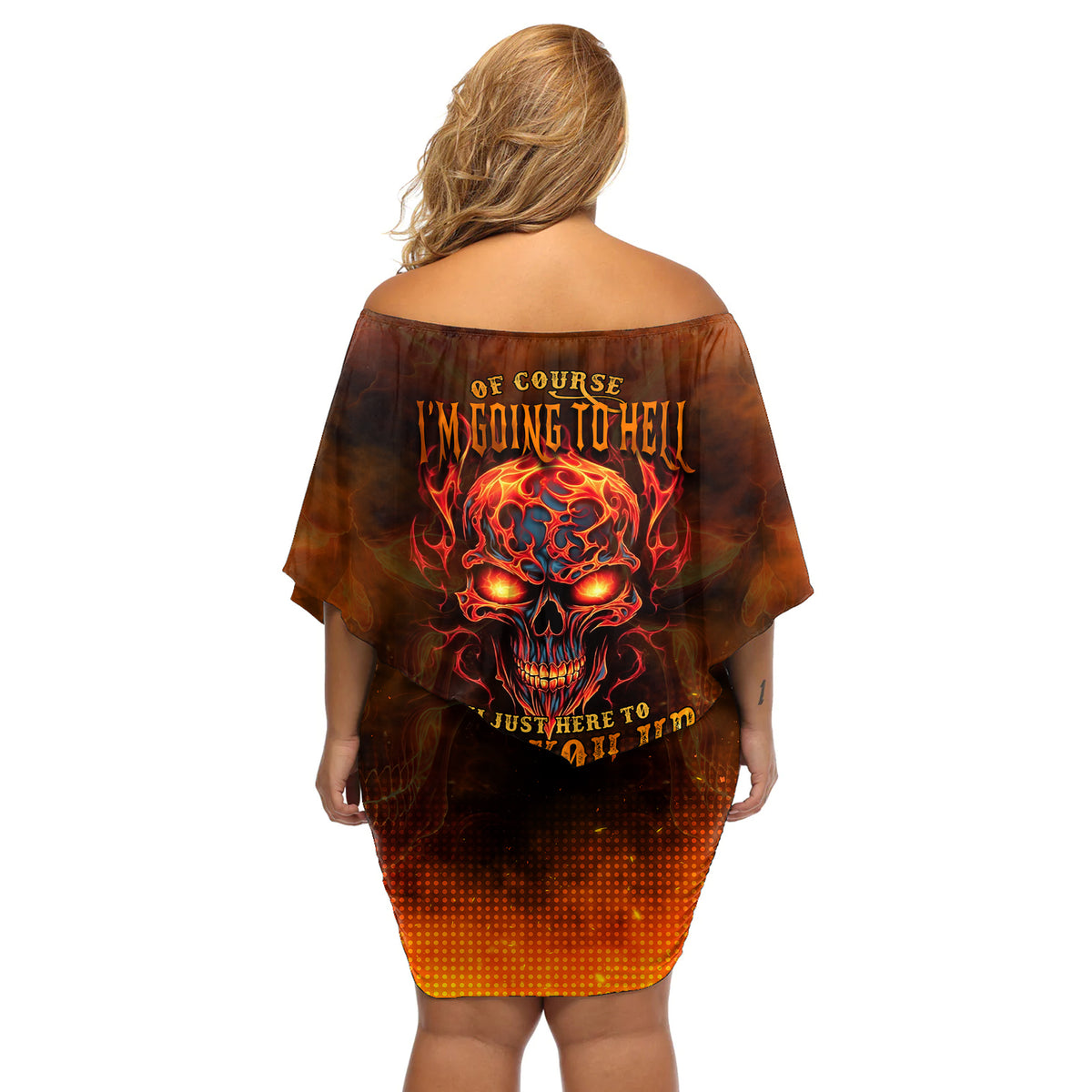 Fire Skull Off Shoulder Short Dress Of Course I'm Going To Hell I'm Just Here To Pick You Up - Wonder Print Shop