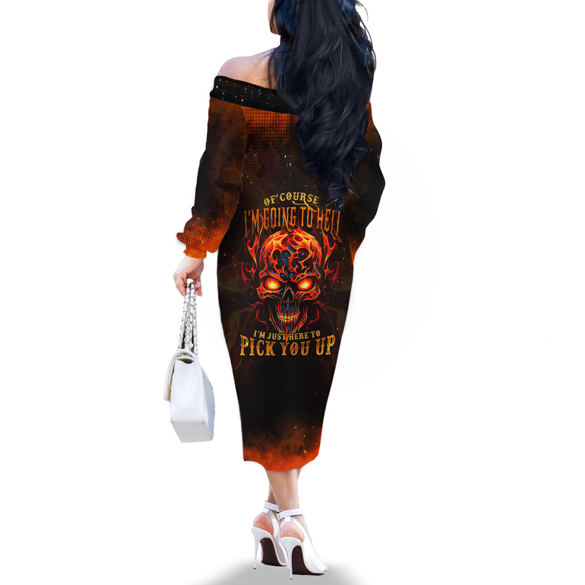 Fire Skull Off The Shoulder Long Sleeve Dress Of Course I'm Going To Hell I'm Just Here To Pick You Up - Wonder Print Shop