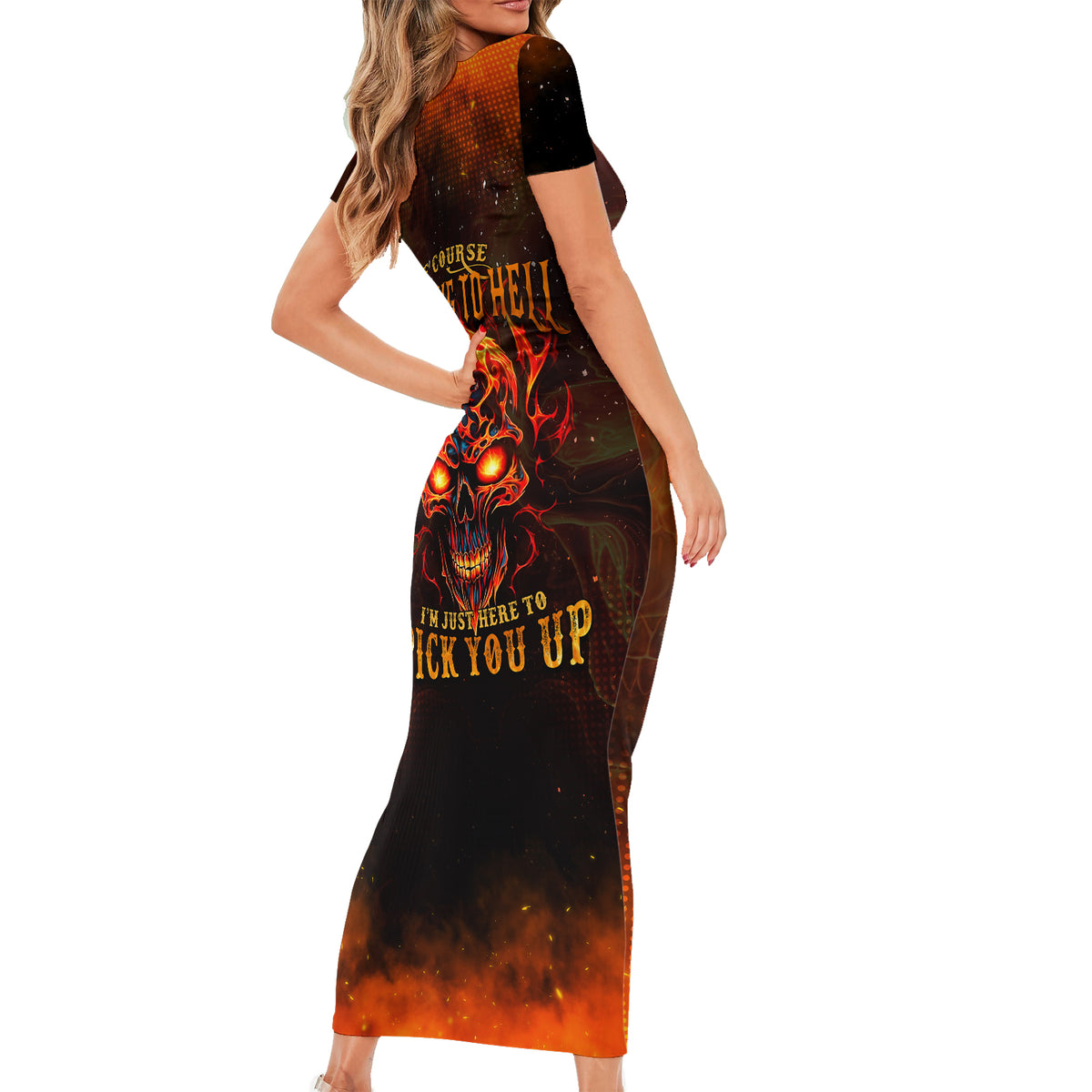 Fire Skull Short Sleeve Bodycon Dress Of Course I'm Going To Hell I'm Just Here To Pick You Up - Wonder Print Shop
