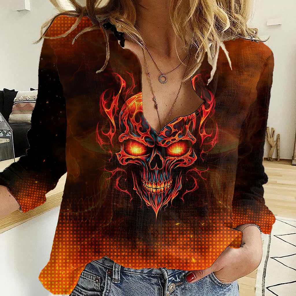 Fire Skull Women Casual Shirt Of Course I'm Going To Hell I'm Just Here To Pick You Up - Wonder Print Shop