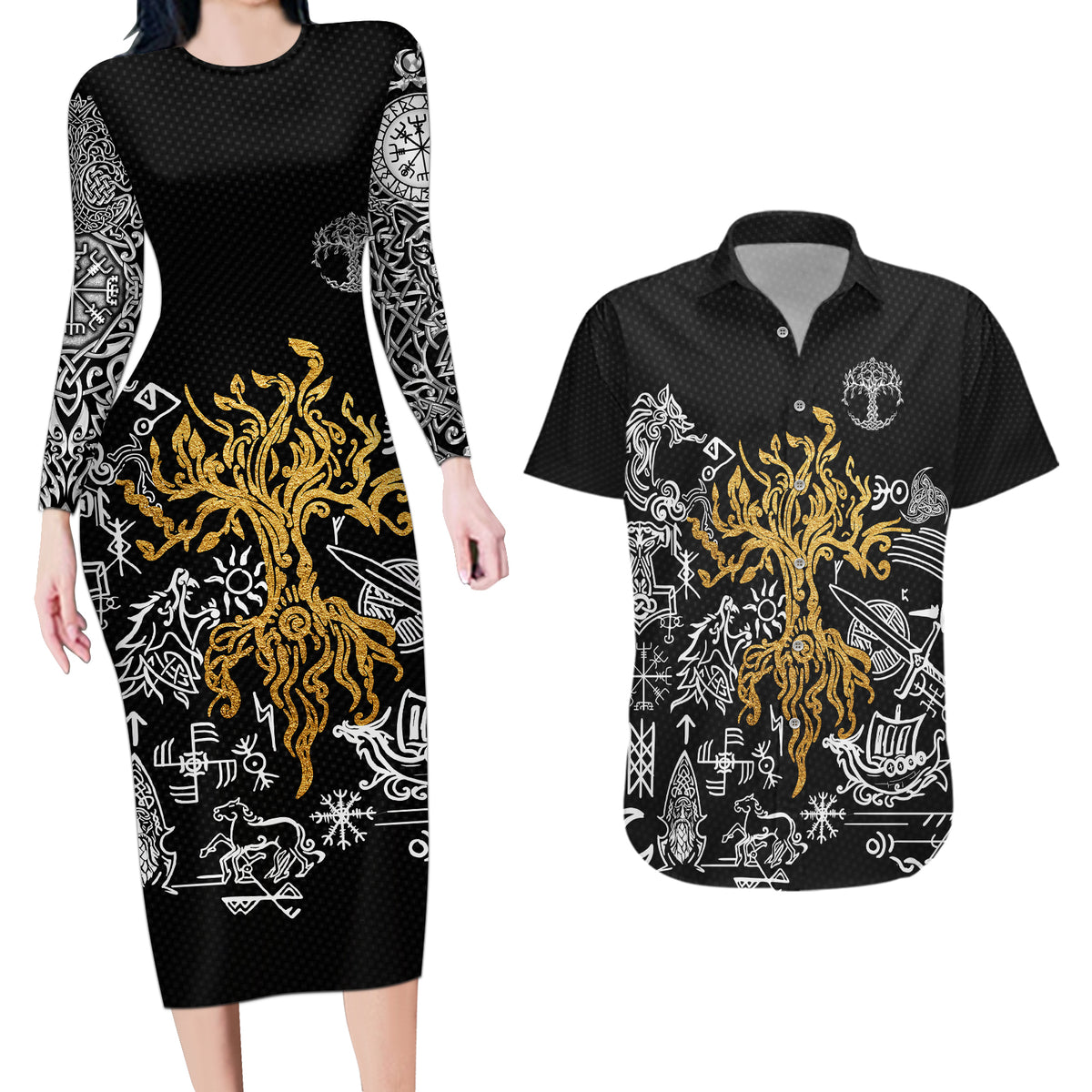 Viking Couples Matching Long Sleeve Bodycon Dress and Hawaiian Shirt Yggdrasil Pattern And Ancient Rune - Wonder Print Shop