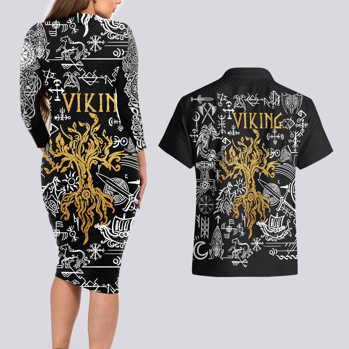Viking Couples Matching Long Sleeve Bodycon Dress and Hawaiian Shirt Yggdrasil Pattern And Ancient Rune - Wonder Print Shop