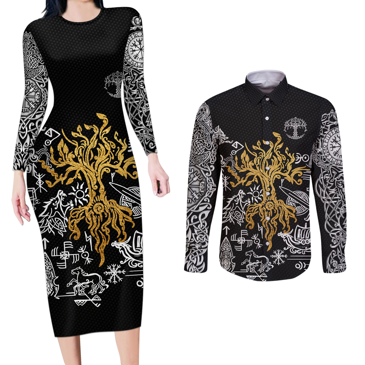 Viking Couples Matching Long Sleeve Bodycon Dress and Long Sleeve Button Shirts Yggdrasil Pattern And Ancient Rune - Wonder Print Shop