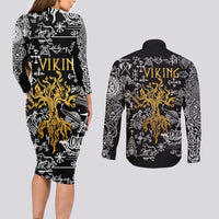 Viking Couples Matching Long Sleeve Bodycon Dress and Long Sleeve Button Shirts Yggdrasil Pattern And Ancient Rune - Wonder Print Shop