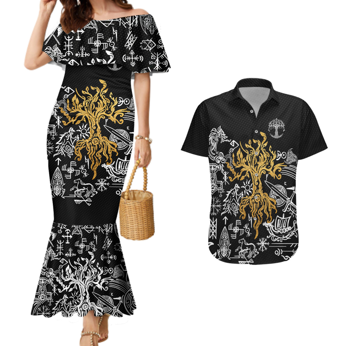 Viking Couples Matching Mermaid Dress and Hawaiian Shirt Yggdrasil Pattern And Ancient Rune - Wonder Print Shop