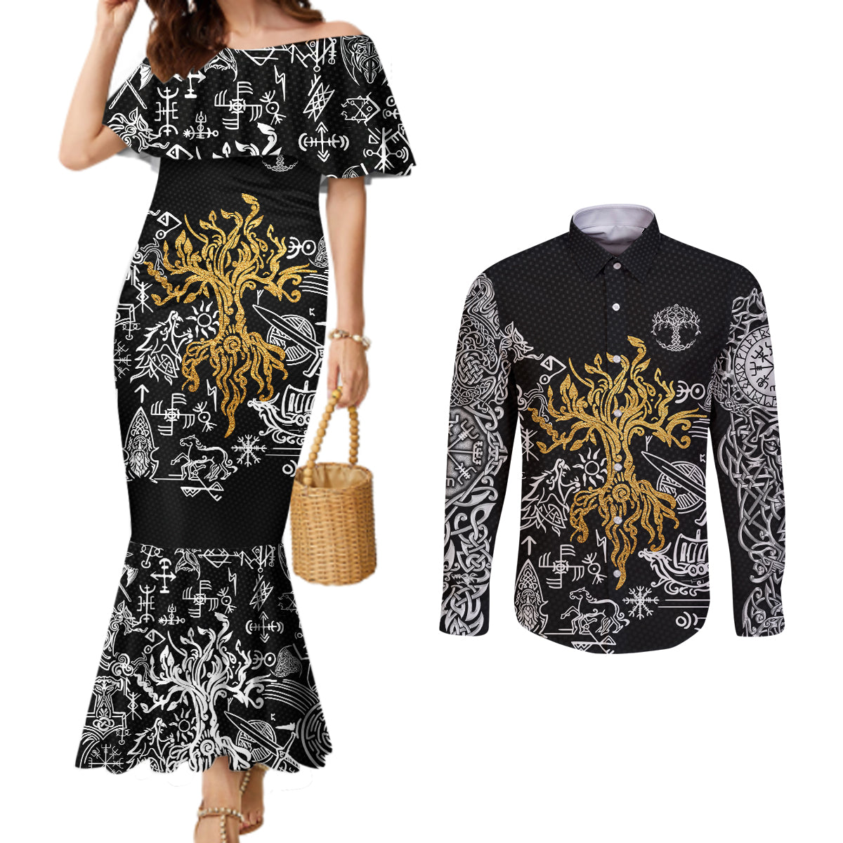 viking-couples-matching-mermaid-dress-and-long-sleeve-button-shirts-yggdrasil-pattern-and-ancient-rune