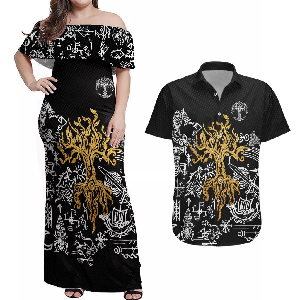 Viking Couples Matching Off Shoulder Maxi Dress and Hawaiian Shirt Yggdrasil Pattern And Ancient Rune - Wonder Print Shop
