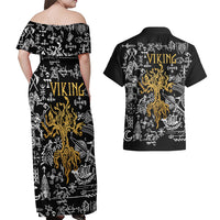 Viking Couples Matching Off Shoulder Maxi Dress and Hawaiian Shirt Yggdrasil Pattern And Ancient Rune - Wonder Print Shop