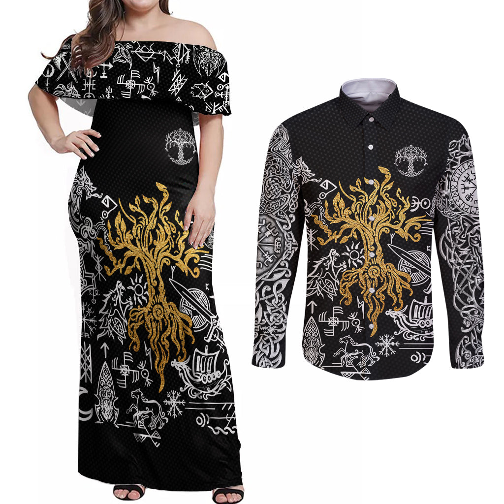 Viking Couples Matching Off Shoulder Maxi Dress and Long Sleeve Button Shirts Yggdrasil Pattern And Ancient Rune - Wonder Print Shop