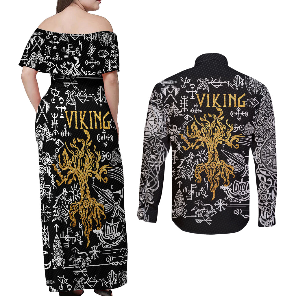 Viking Couples Matching Off Shoulder Maxi Dress and Long Sleeve Button Shirts Yggdrasil Pattern And Ancient Rune - Wonder Print Shop