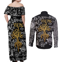 Viking Couples Matching Off Shoulder Maxi Dress and Long Sleeve Button Shirts Yggdrasil Pattern And Ancient Rune - Wonder Print Shop