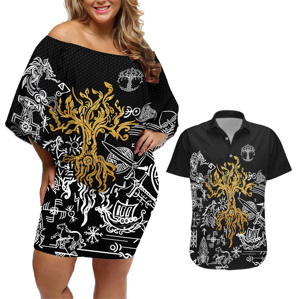 Viking Couples Matching Off Shoulder Short Dress and Hawaiian Shirt Yggdrasil Pattern And Ancient Rune - Wonder Print Shop