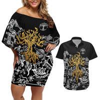 Viking Couples Matching Off Shoulder Short Dress and Hawaiian Shirt Yggdrasil Pattern And Ancient Rune - Wonder Print Shop