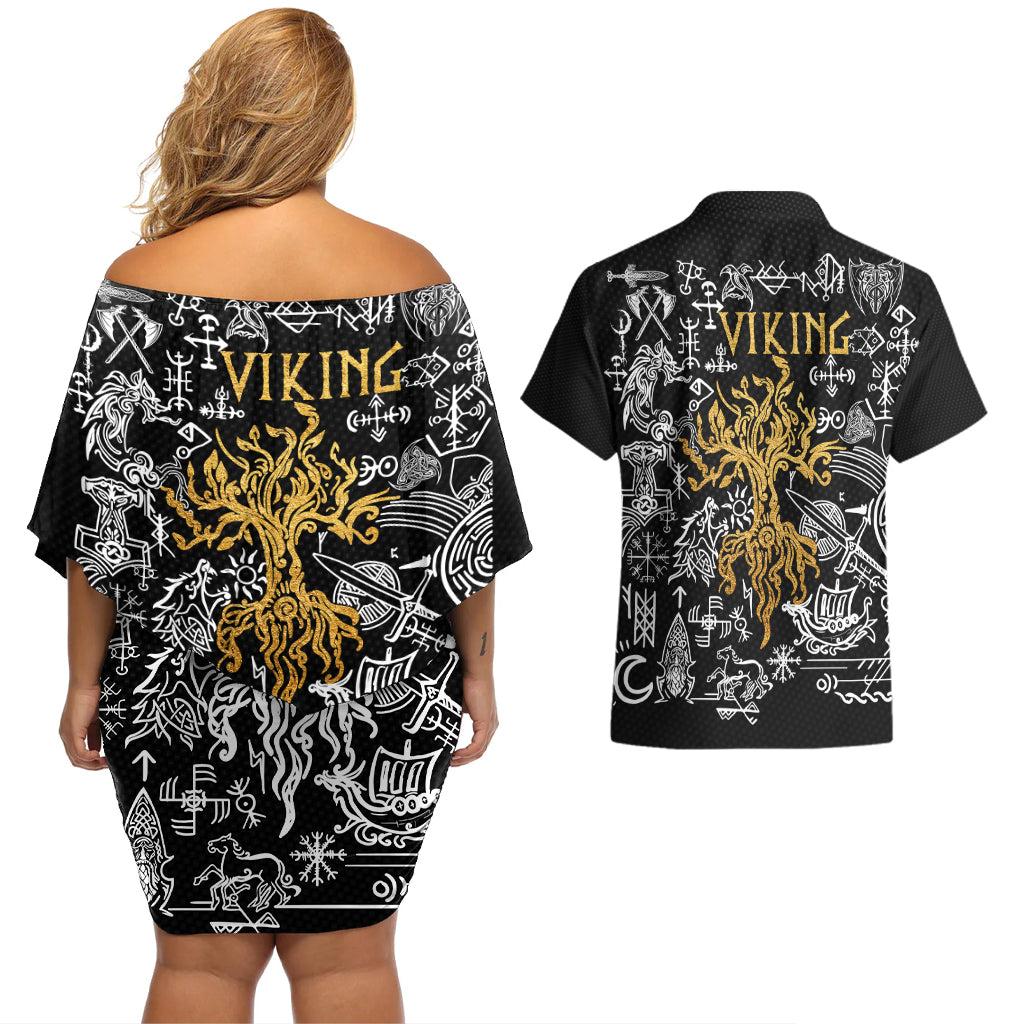 Viking Couples Matching Off Shoulder Short Dress and Hawaiian Shirt Yggdrasil Pattern And Ancient Rune - Wonder Print Shop