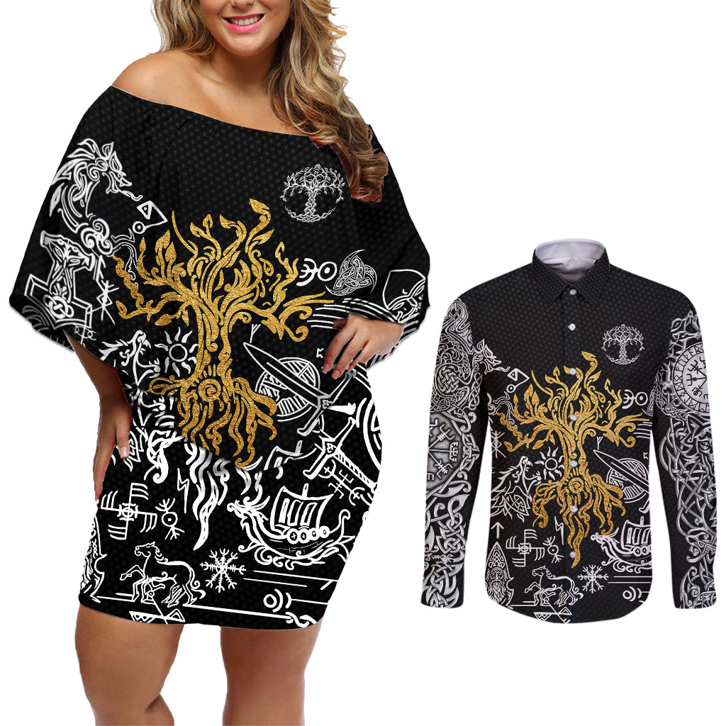 Viking Couples Matching Off Shoulder Short Dress and Long Sleeve Button Shirts Yggdrasil Pattern And Ancient Rune - Wonder Print Shop
