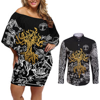 Viking Couples Matching Off Shoulder Short Dress and Long Sleeve Button Shirts Yggdrasil Pattern And Ancient Rune - Wonder Print Shop