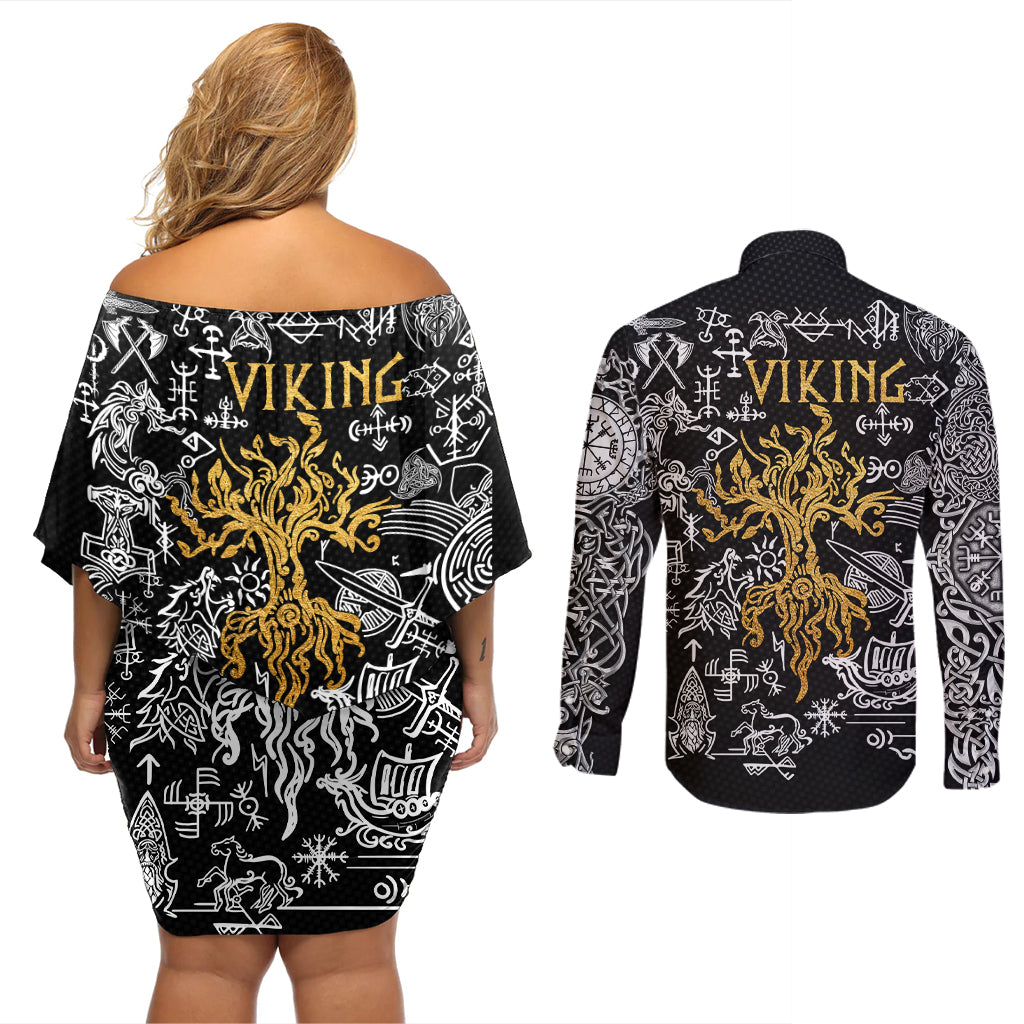 Viking Couples Matching Off Shoulder Short Dress and Long Sleeve Button Shirts Yggdrasil Pattern And Ancient Rune - Wonder Print Shop