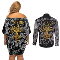 Viking Couples Matching Off Shoulder Short Dress and Long Sleeve Button Shirts Yggdrasil Pattern And Ancient Rune - Wonder Print Shop