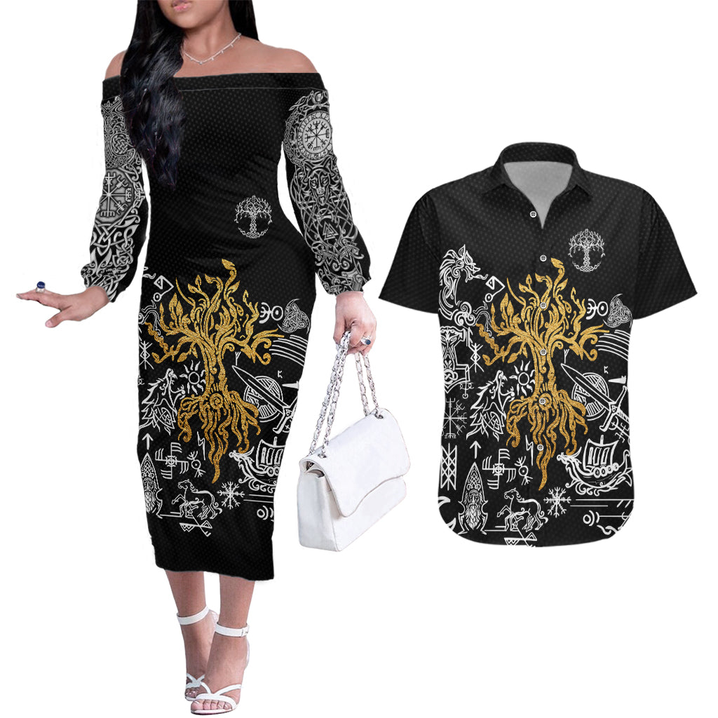 Viking Couples Matching Off The Shoulder Long Sleeve Dress and Hawaiian Shirt Yggdrasil Pattern And Ancient Rune - Wonder Print Shop