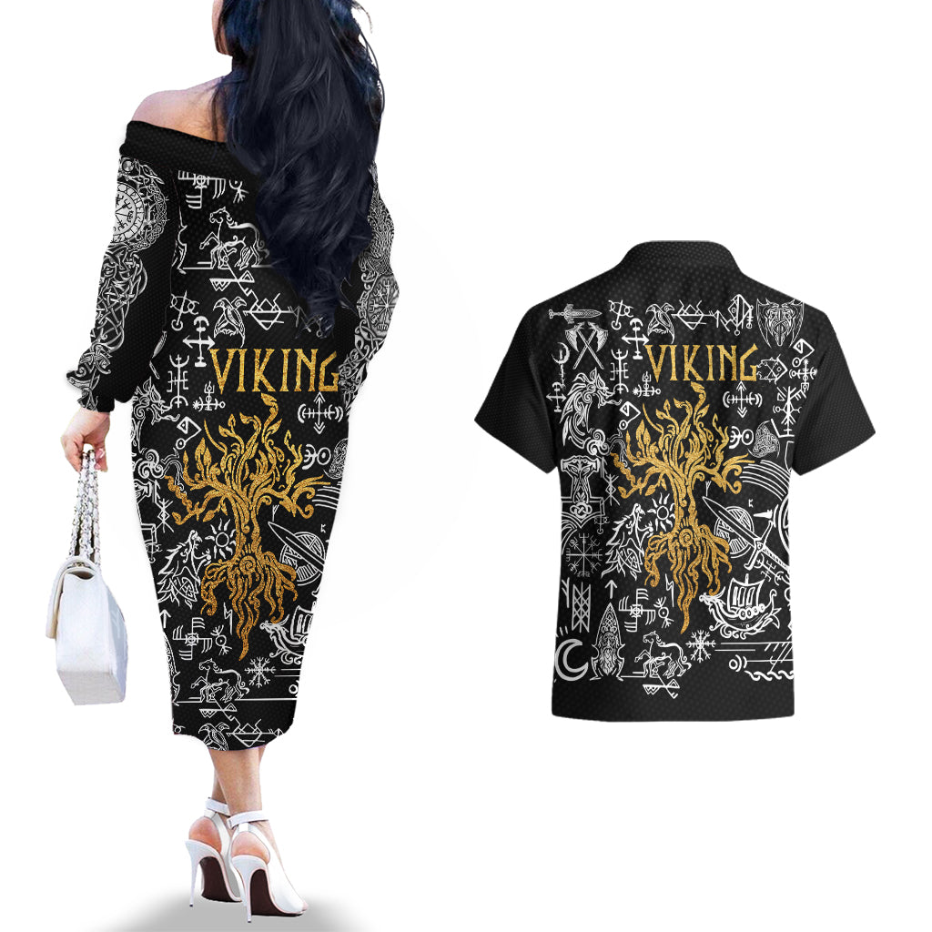 Viking Couples Matching Off The Shoulder Long Sleeve Dress and Hawaiian Shirt Yggdrasil Pattern And Ancient Rune - Wonder Print Shop