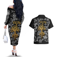 Viking Couples Matching Off The Shoulder Long Sleeve Dress and Hawaiian Shirt Yggdrasil Pattern And Ancient Rune - Wonder Print Shop